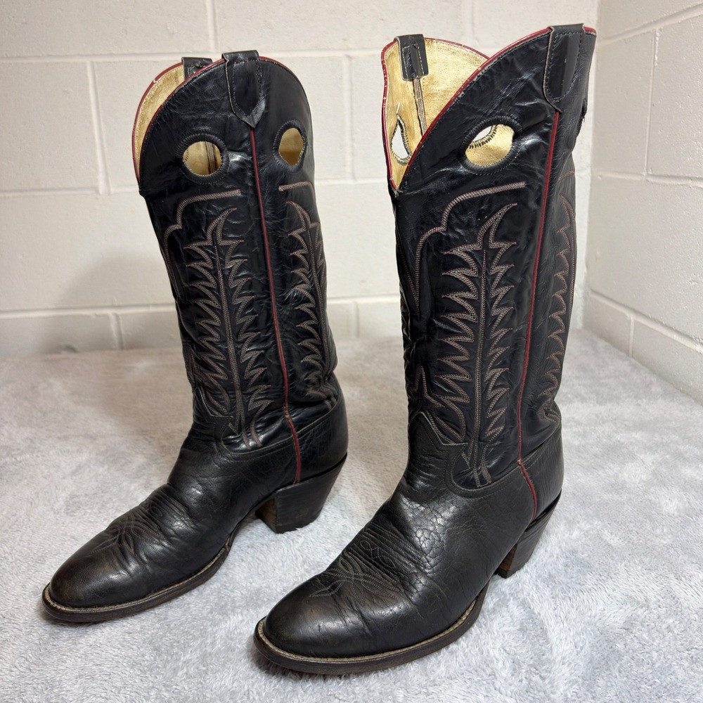 Tony Lama Cowboy Boots Mens 9 D Black Leather Tall Western Stitch 6367 Vintage